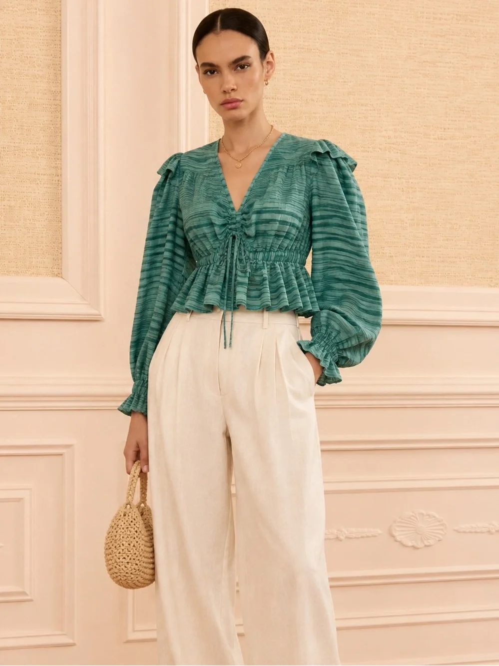 Ulla Johnson Ophelia Teal Striped Cotton Peplum Blouse Size 12